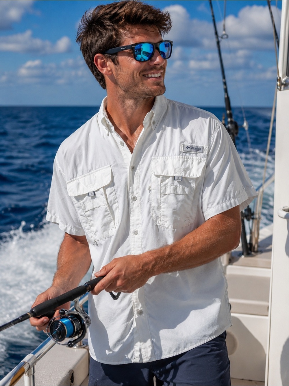 🤍 Columbia PFG Omni-Shade White Fishing Shirt Men’s Short Sleeve Button Front L